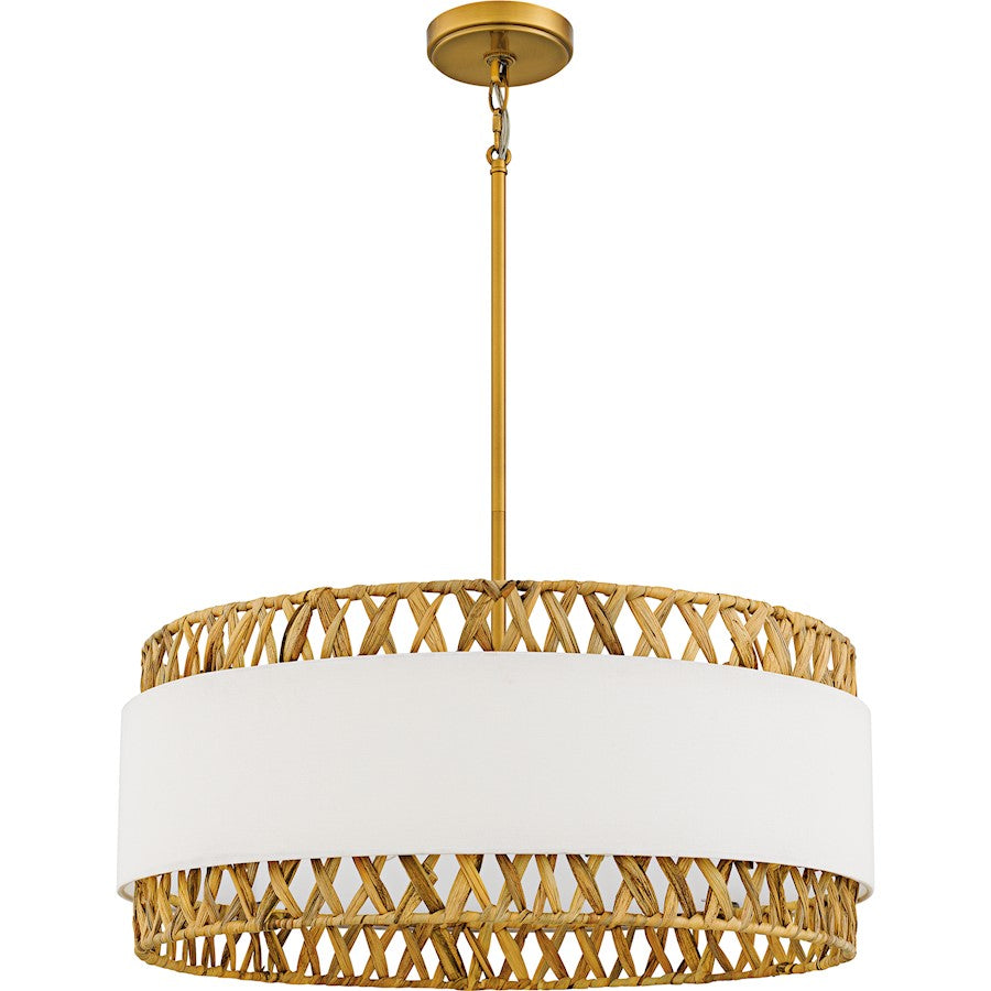 Kate 5Light Pendant, Brushed Gold/White Linen And Rattan