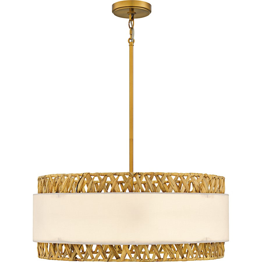 Kate 5Light Pendant, Brushed Gold/White Linen And Rattan