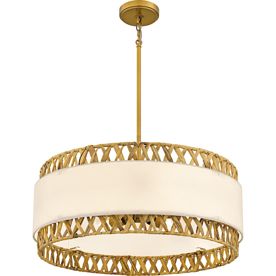 Kate 5Light Pendant, Brushed Gold/White Linen And Rattan