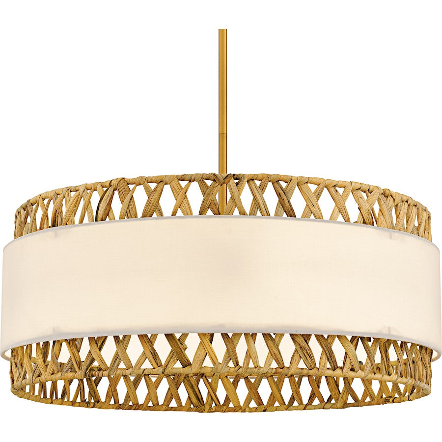 Kate 5Light Pendant, Brushed Gold/White Linen And Rattan
