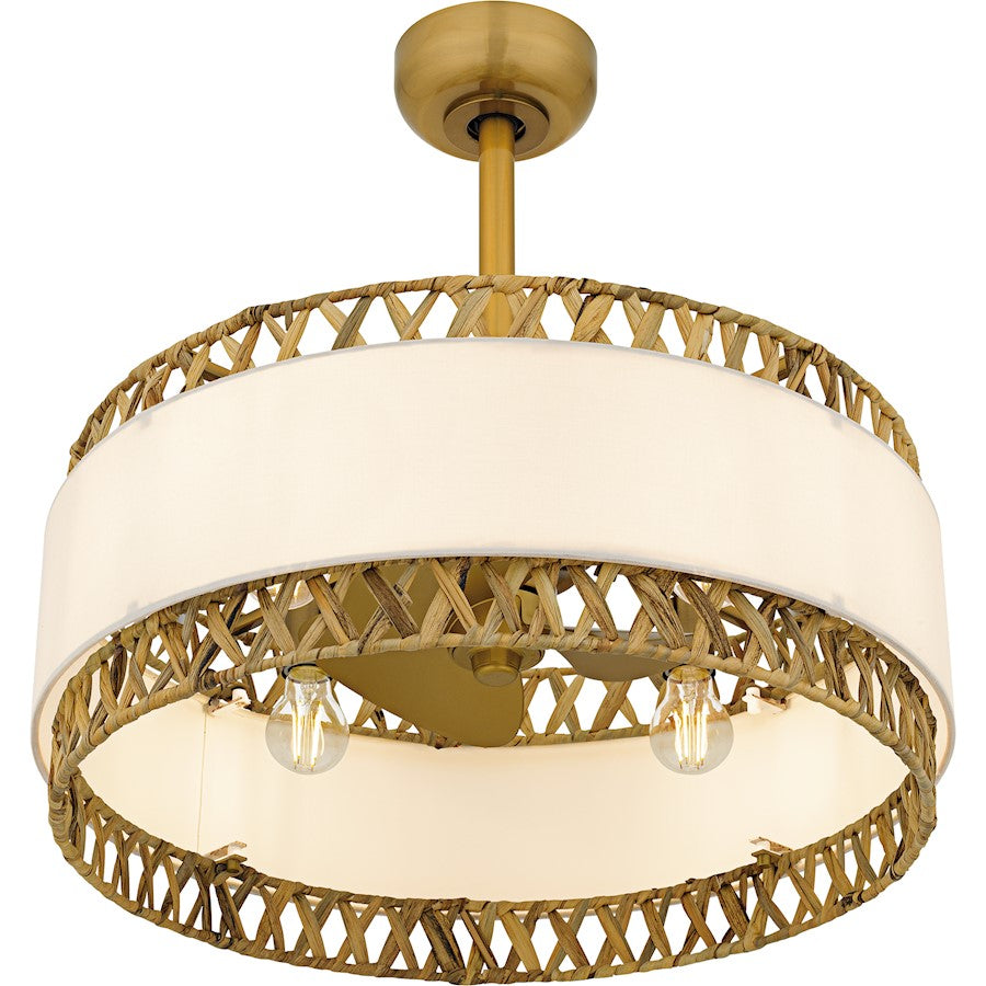 Kate 4Light Fandelier, Brushed Gold/White Linen And Rattan