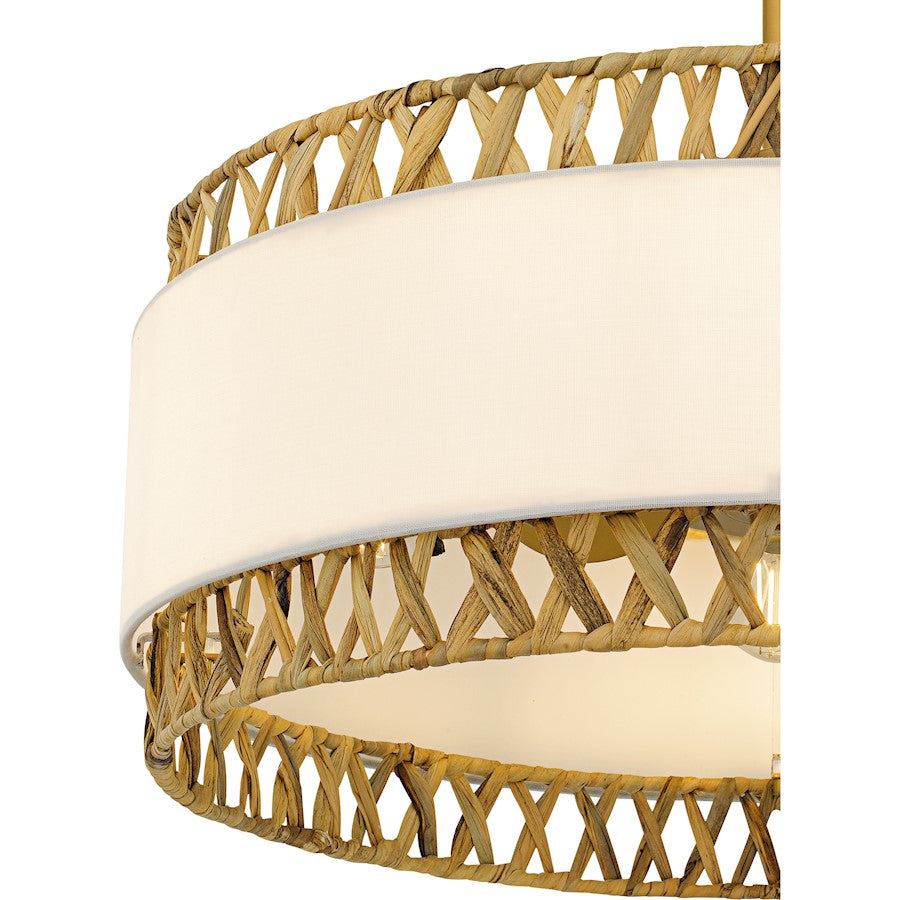Kate 4Light Fandelier, Brushed Gold/White Linen And Rattan