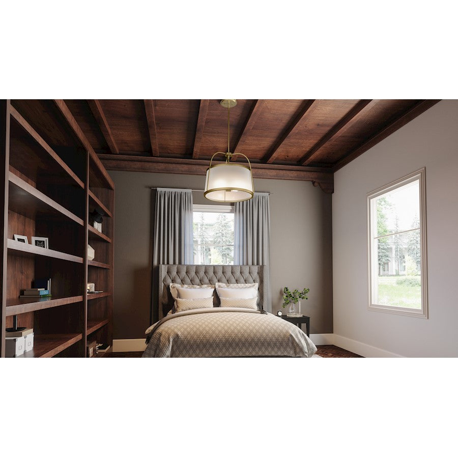 York 4 Light Pendant, Weathered Brass/Light Beige