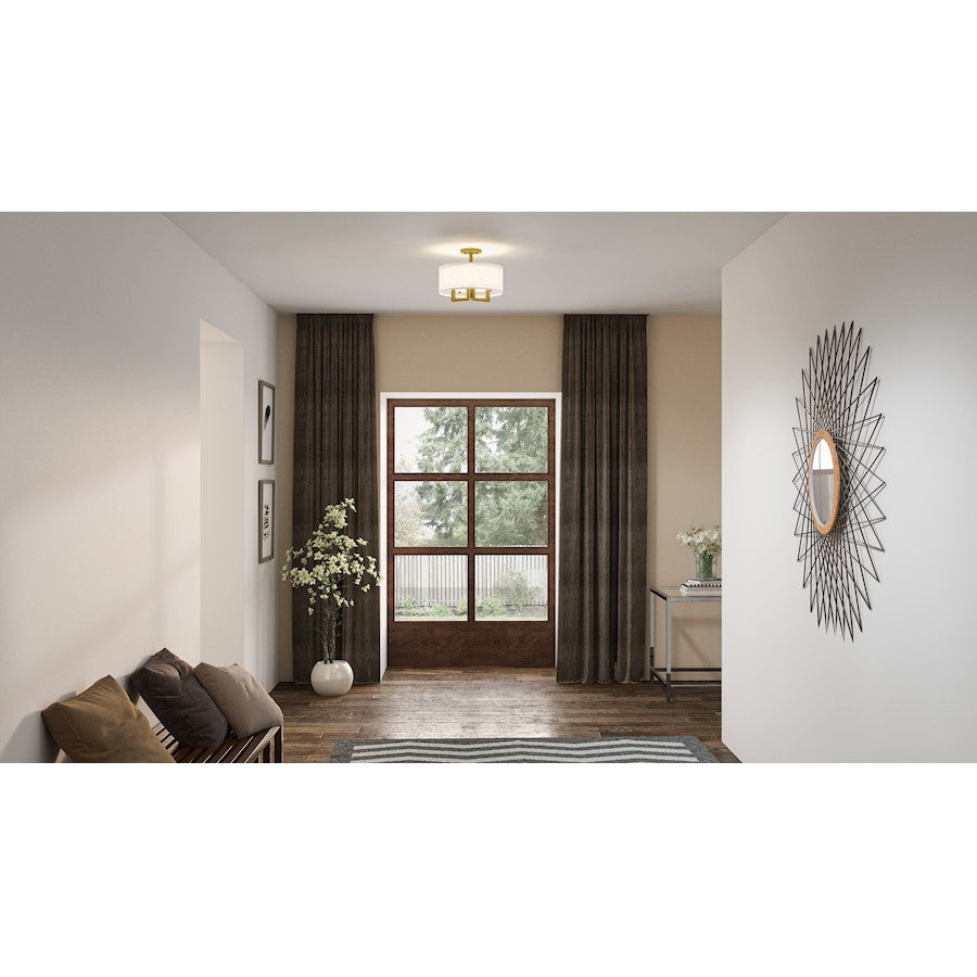 Bodnar 3 Light Semi-Flush Mount, Aged Brass/Organza/White