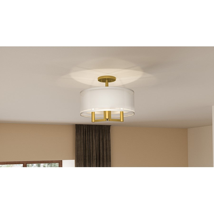 Bodnar 3 Light Semi-Flush Mount, Aged Brass/Organza/White