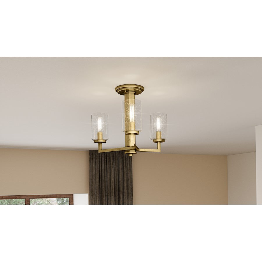Sunburst 3 Light Semi-Flush Mount, Weathered Brass/Seeded