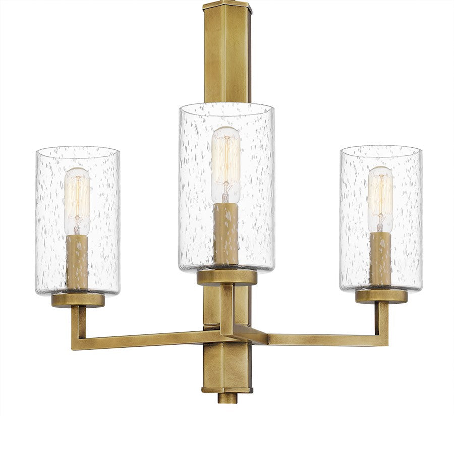 Sunburst 3 Light Chandelier, Weathered Brass/Clear Seeded