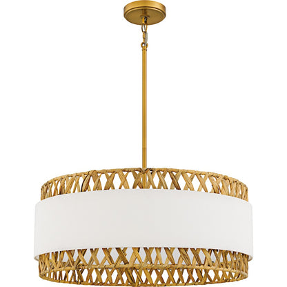 Kate 5Light Pendant, Brushed Gold/White Linen And Rattan