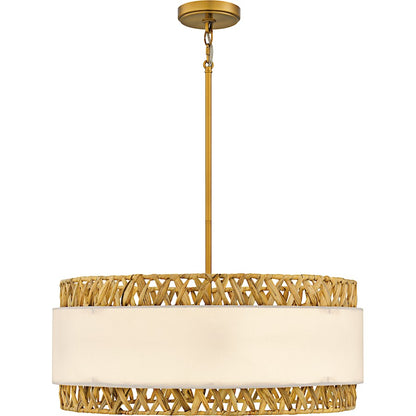 Kate 5Light Pendant, Brushed Gold/White Linen And Rattan