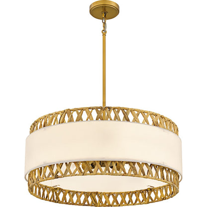 Kate 5Light Pendant, Brushed Gold/White Linen And Rattan