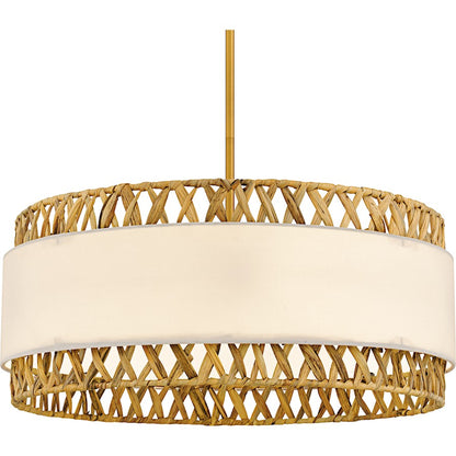 Kate 5Light Pendant, Brushed Gold/White Linen And Rattan