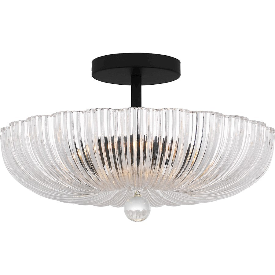 Quoizel Belmond 3 Light Semi-Flush Mount, Black/Clear Ribbed Glass - QSF6748MBK