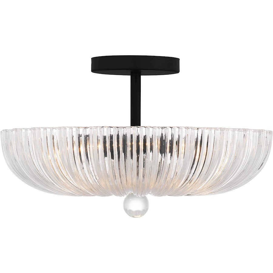 Belmond 3 Light Semi-Flush Mount, Black/Clear Ribbed Glass