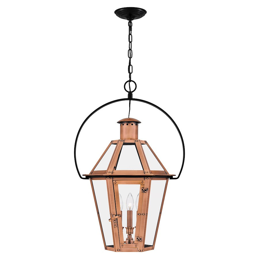 Burdett 3 Light Pendant, Aged Copper/Clear Tempered