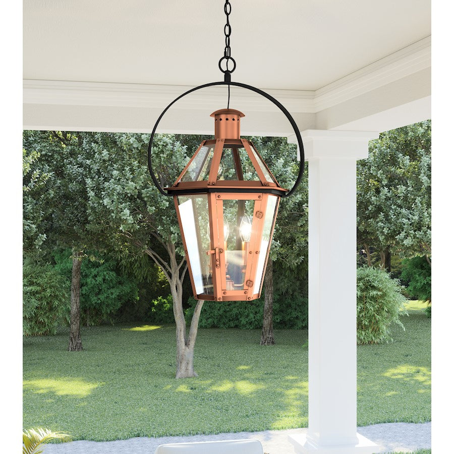 Burdett 3 Light Pendant, Aged Copper/Clear Tempered