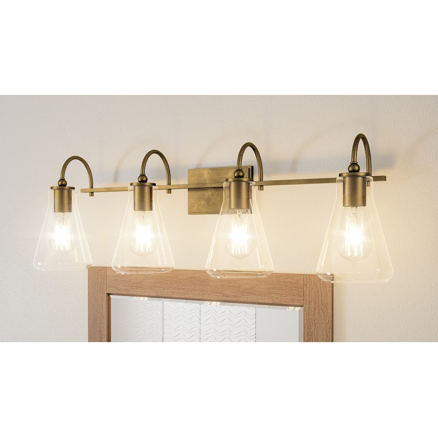 Boyton 4 Light Bath Vanity, Weathered Brass/Clear