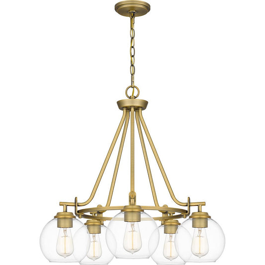 Celadon 5 Light Chandelier, Aged Brass/Clear