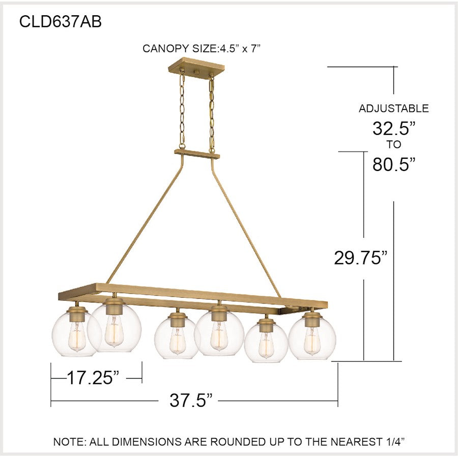 Celadon 6 Light Island Light, Aged Brass/Clear