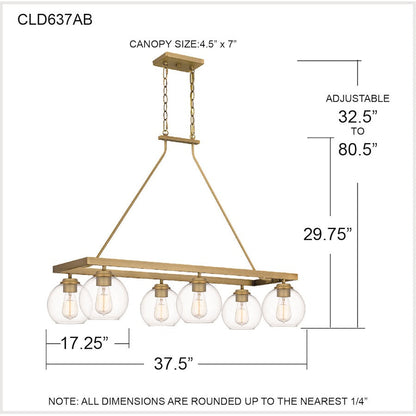 Celadon 6 Light Island Light, Aged Brass/Clear