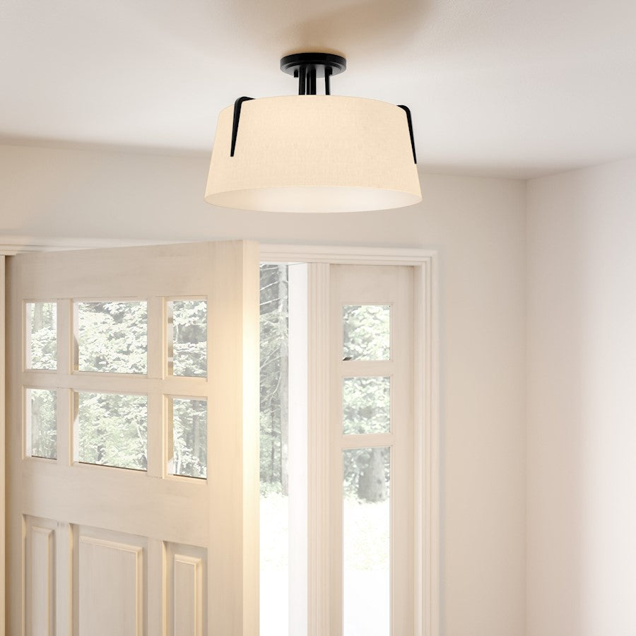 Leona 3 Light Semi-Flush Mount, Matte Black/Fabric Shade