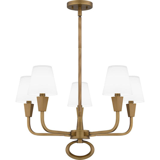 Mallory 5 Light Chandelier, Weathered Brass/White Glass