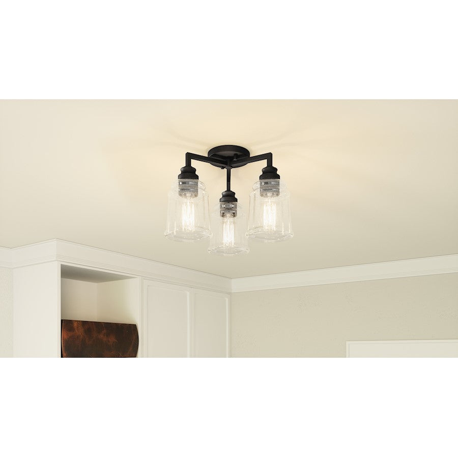 McIntire 3 Light Flush Mount, Matte Black/Clear Seedy