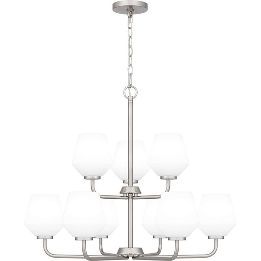 Quoizel Nielson 9 Light Chandelier, Brushed Nickel/Opal Etched - NIE5028BN