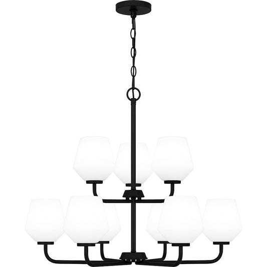 Quoizel Nielson 9 Light Chandelier, Matte Black/Opal Etched - NIE5028MBK