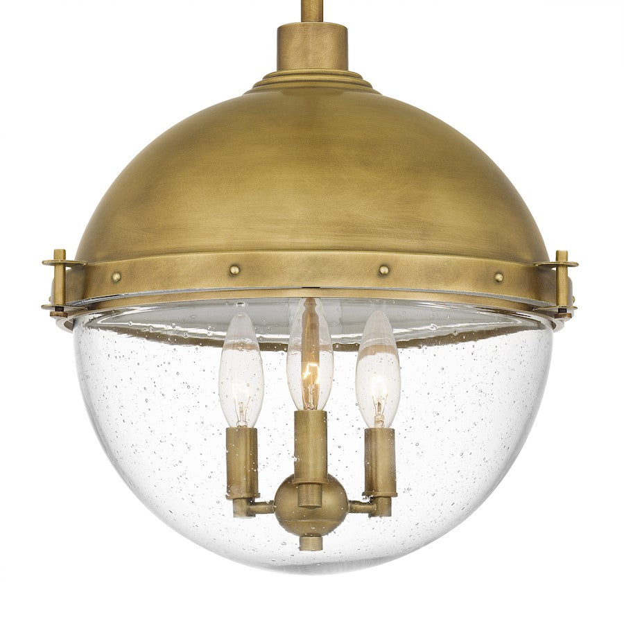 Perrine 3 Light Pendant, Weathered Brass/Clear Seeded