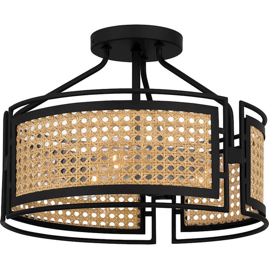 Priya 3 Light Semi-Flush Mount, Matte Black/Rattan Caning