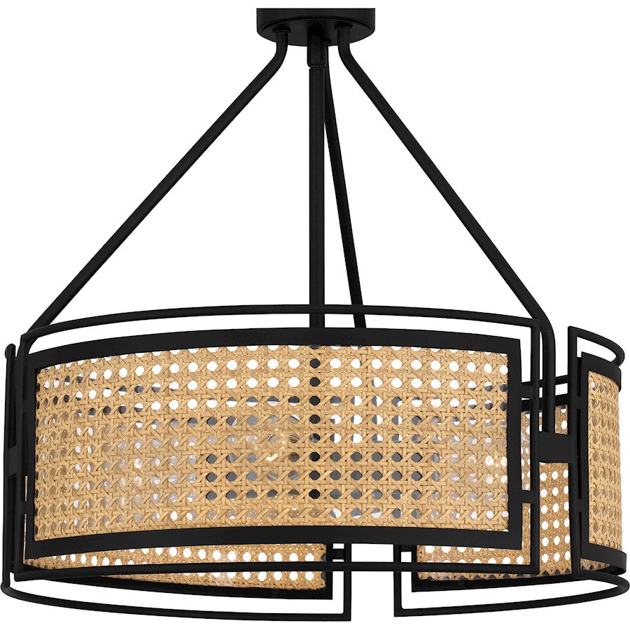 Priya 3 Light Pendant, Matte Black/Rattan Caning