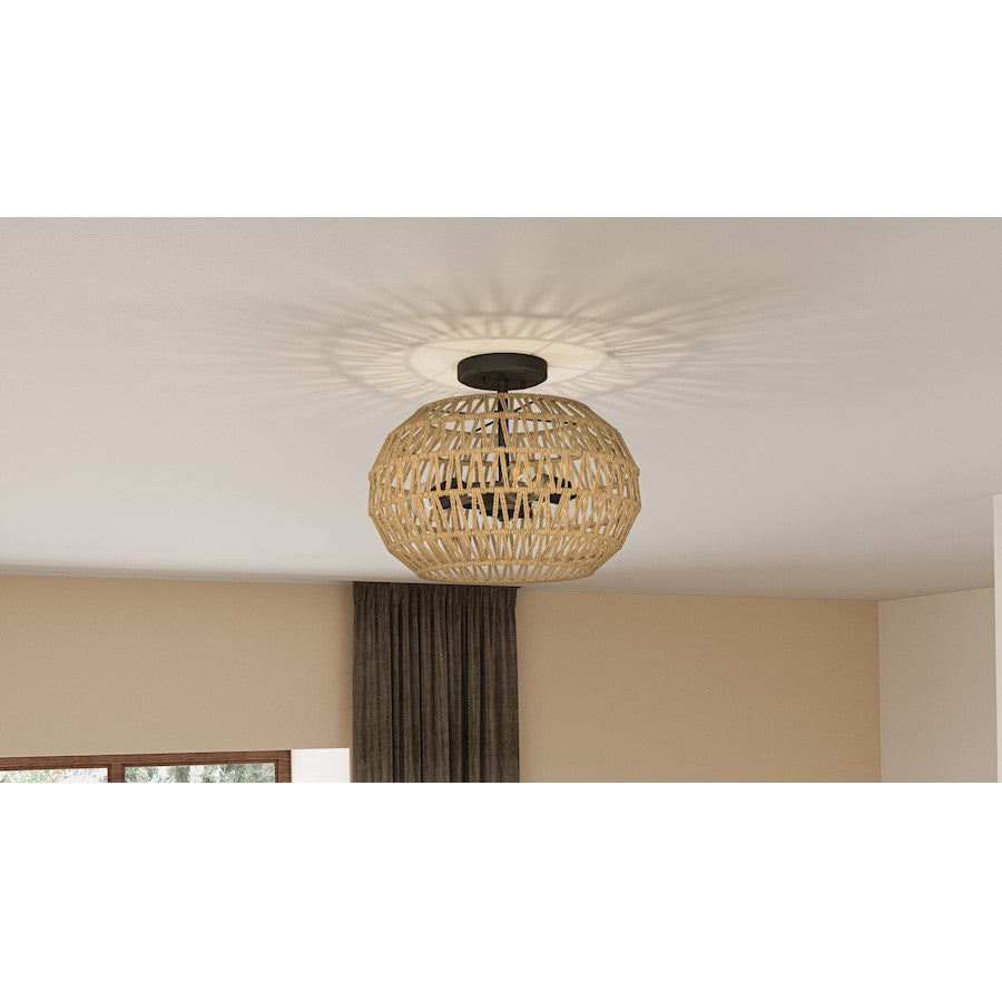 Casablanca 3 Light Semi-Flush Mount, Bronze/Natural Paper