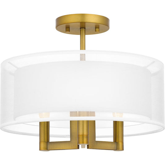 Bodnar 3 Light Semi-Flush Mount, Aged Brass/Organza/White