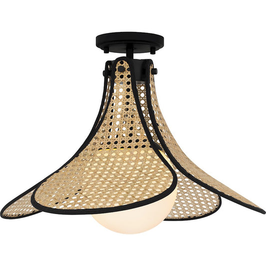 Quoizel 1 Light Semi-Flush Mount, Black/Rattan Caning/Opal Etched - QSF6207MBK