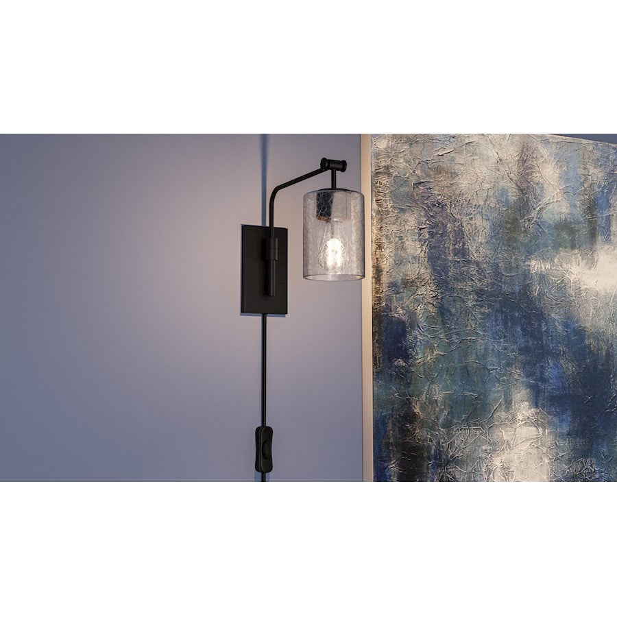 Wood 1 Light Wall Sconce, Matte Black/Clear Crackle