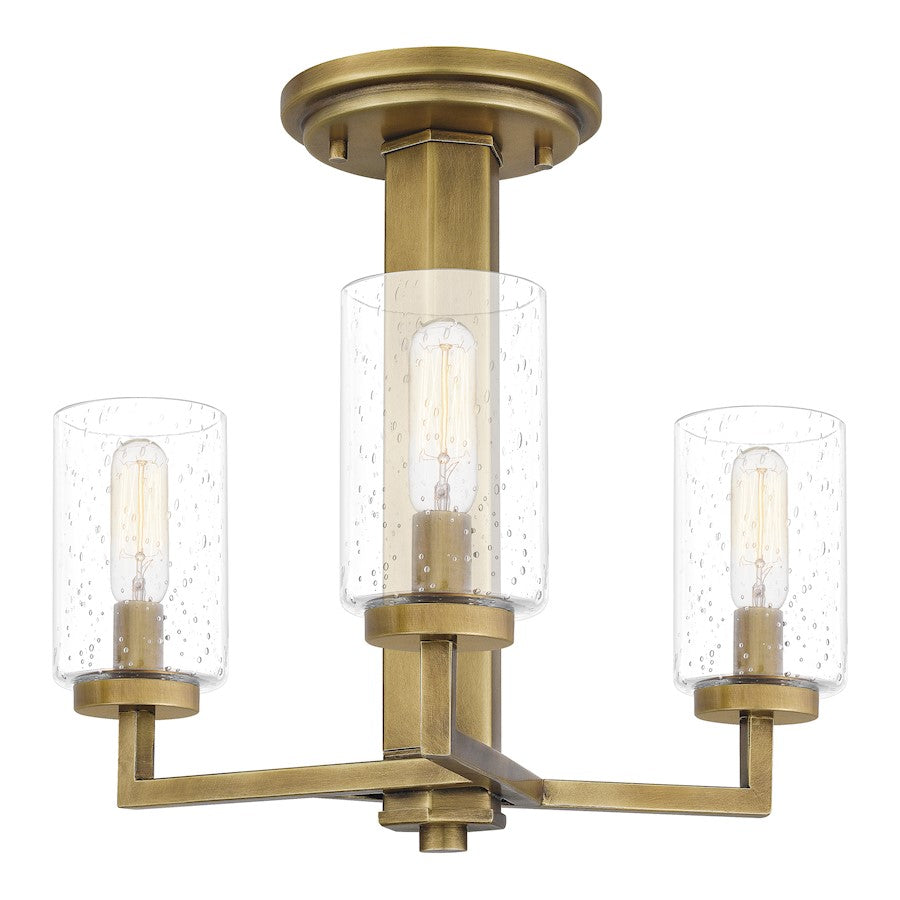 Sunburst 3 Light Semi-Flush Mount, Weathered Brass/Seeded