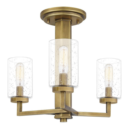 Sunburst 3 Light Semi-Flush Mount, Weathered Brass/Seeded