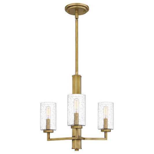 Sunburst 3 Light Chandelier, Weathered Brass/Clear Seeded