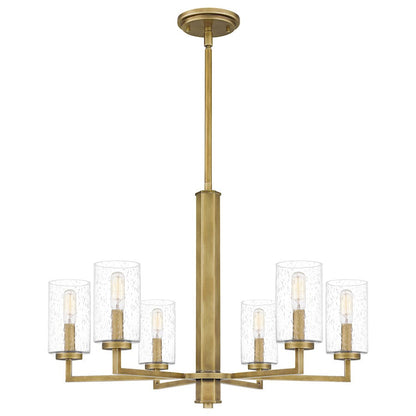 Sunburst 6 Light Chandelier, Weathered Brass/Clear Seeded