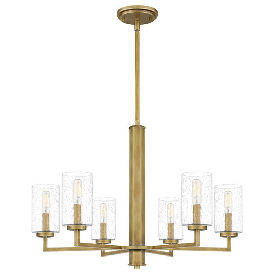 Sunburst 6 Light Chandelier, Weathered Brass/Clear Seeded