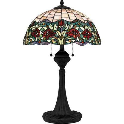 Tiffany 3 Light Table Lamp, Matte Black/Multicolor Art