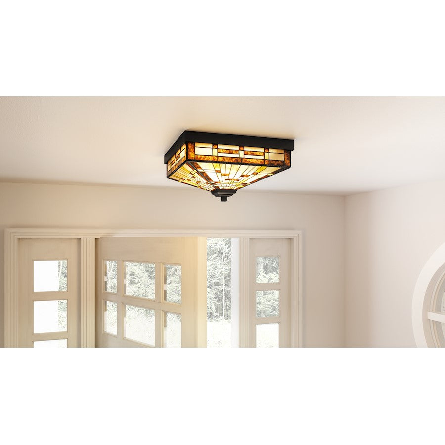 Quoizel Mill Run 3 Light Flush Mount, Black/Multicolor Art Glass - TF5626MBK